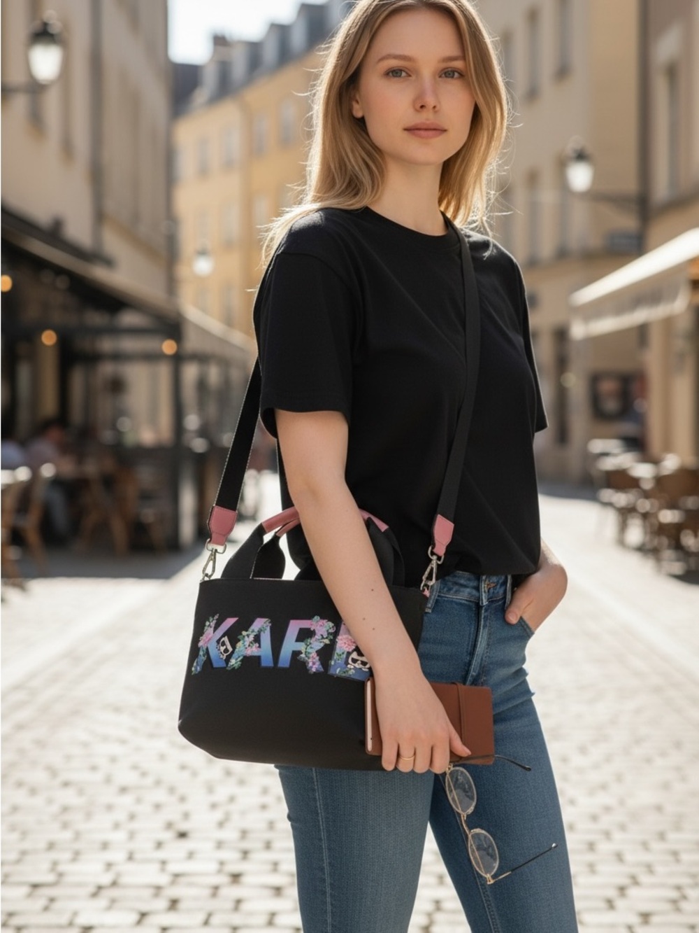 Karl Lagerfeld Black Canvas Mini Tote with Pink Trim - Picture 3 of 7